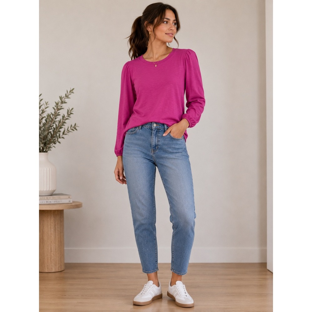 LOFT Womens Pink Puff‎ Shoulder Long Sleeve Slub Knit Crew Neck Tee Top Small